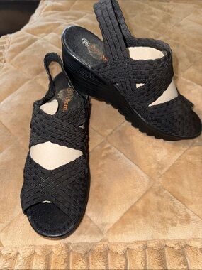 bernie mev. Black Woven Stretch Slingback Wedge Sandals
